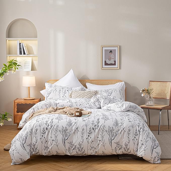 Floral Duvet Cover White Botanical Printed on Taupe Duvet Cover Soft Bed Cover Set