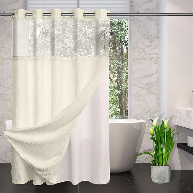 No Hooks Required Waffle Weave Shower Curtain with Snap in Liner Hotel Grade Waterproof Mesh Top Window Spa Bath Curtains